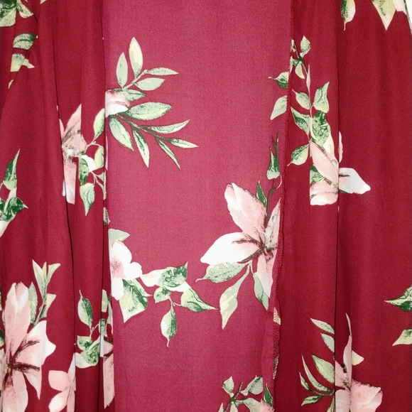 TeenBell Other - TeenBell Burgundy Floral Kimono with Pink & Green Accents PTP 30"